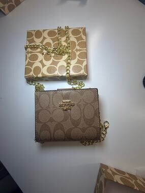 Coach Signature Chain Crossbody Wallet | Khaki & Brown Designer Mini Bag